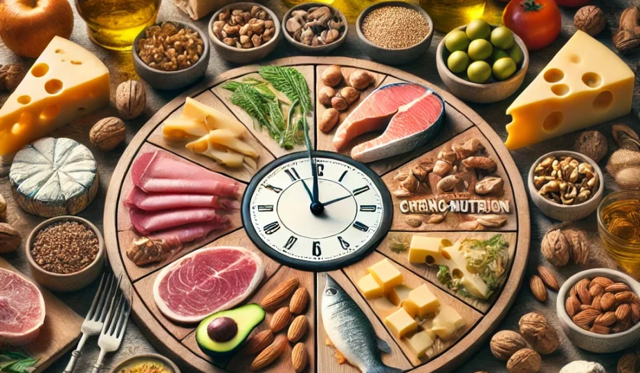 oici une nouvelle illustration mettant en avant des aliments clés de la chrononutrition, avec des fromages, viandes, poissons, huile d'olive, noix, amandes, et oléagineux. L'image évoque un équilibre entre plaisir et bien-être, en harmonie avec les principes de la chrononutrition.